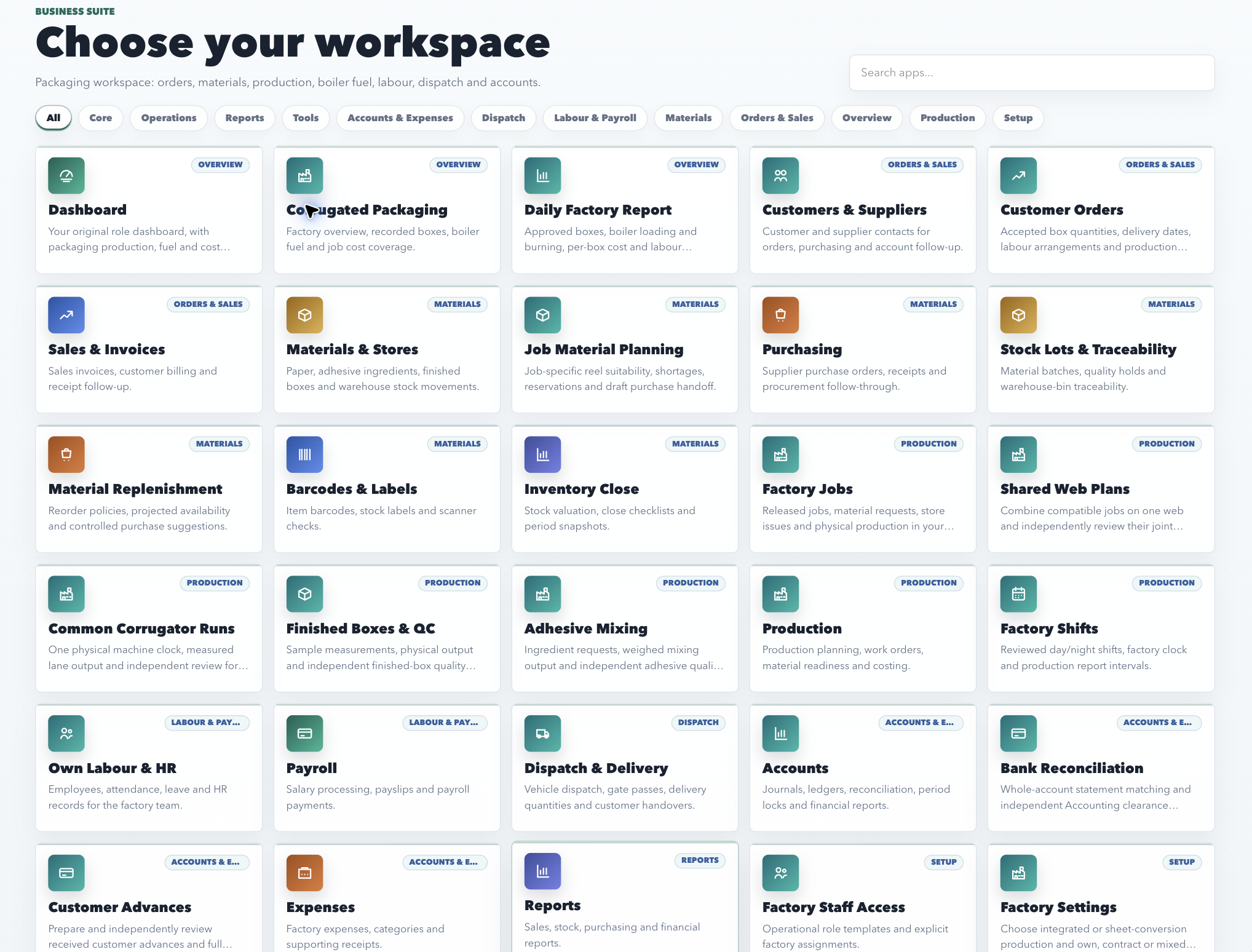 Packaging ERP business workspace with orders, materials, production, dispatch and accounts