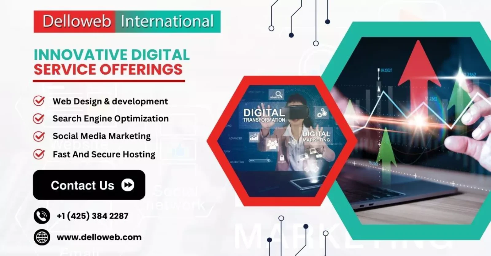 A promotional banner for Delloweb International showcasing innovative digital services such as web design & development, application development, search engine optimization, social media marketing, fast and secure hosting. Includes contact details and images of digital marketing graphics on devices.