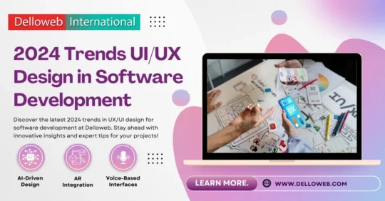 2024 UI/UX design trends with icons and people working on mockups.