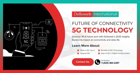 Promotional graphic for Delloweb International on "Future of Connectivity: 5G Technology", featuring icons and contact info.