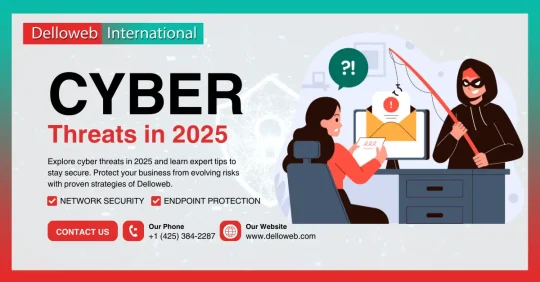 Ad graphic with woman at computer and hacker, promoting cyber threat protection by Delloweb for 2025.