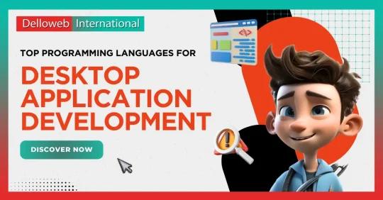 Banner for desktop application development languages with graphical elements and text overlay.