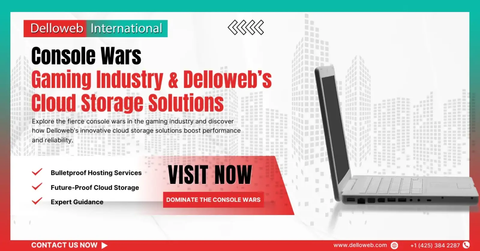 Delloweb promotional graphic highlighting cloud storage solutions for the gaming industry, featuring a laptop and city skyline background.