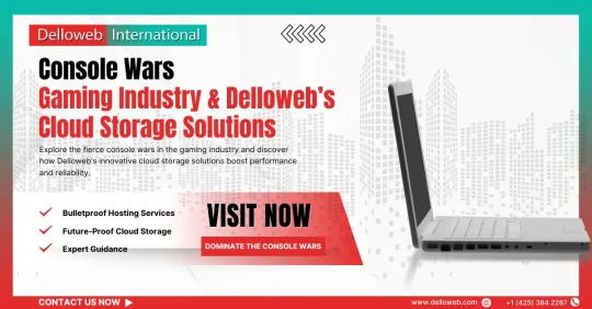 Delloweb promotional graphic highlighting cloud storage solutions for the gaming industry, featuring a laptop and city skyline background.