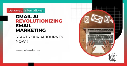 A person typing on a laptop with glowing email icons, promoting the impact of Gmail AI on email marketing and inviting to start an AI journey.