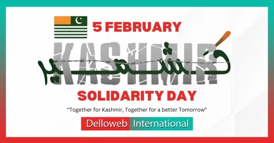 A graphic for Kashmir Solidarity Day on February 5, featuring the slogan "Together for Kashmir, Together for a better Tomorrow."