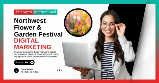 Promotional graphic for the Northwest Flower & Garden Festival highlighting digital marketing strategies with a laptop and floral imagery.