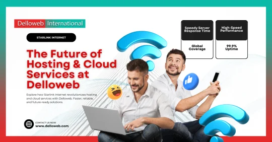 A promotional banner for Delloweb featuring two people, with icons representing high-speed internet, global coverage, and uptime.