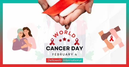 A hand holds a white ribbon adorned with a red bow, promoting World Cancer Day, February 4, with supportive imagery in the background.