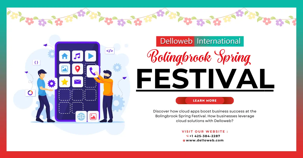 A colorful graphic promoting the Bolingbrook Spring Festival, highlighting cloud app benefits for business success.