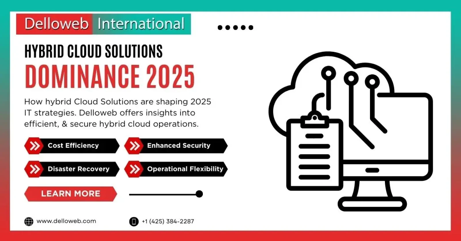 Infographic highlighting Delloweb's hybrid cloud solutions for 2025, emphasizing efficiency, security, and flexibility in IT strategies.