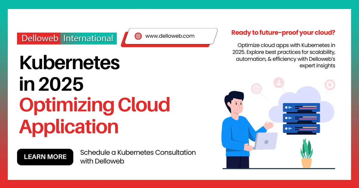 A digital graphic promoting Delloweb's Kubernetes consultation services for optimizing cloud applications in 2025.