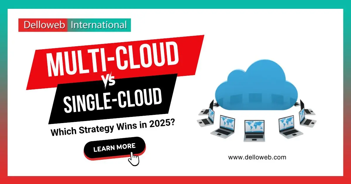 Graphic comparing Multi-Cloud and Single-Cloud strategies, with a question about which will prevail in 2025. Includes a "Learn More" button.