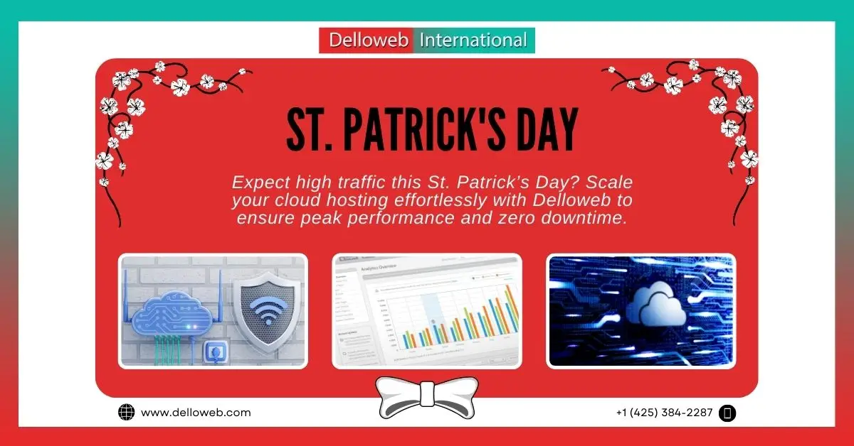 Promotional graphic for Delloweb's St. Patrick's Day cloud hosting services, emphasizing scalability and performance.