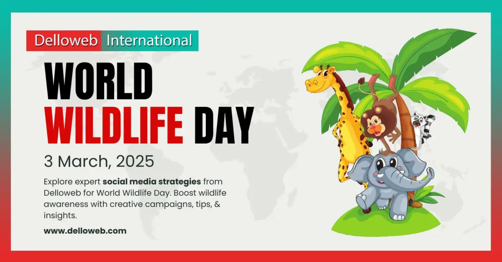 Colorful illustration of animals celebrating World Wildlife Day, promoting social media strategies for wildlife awareness on March 3, 2025.