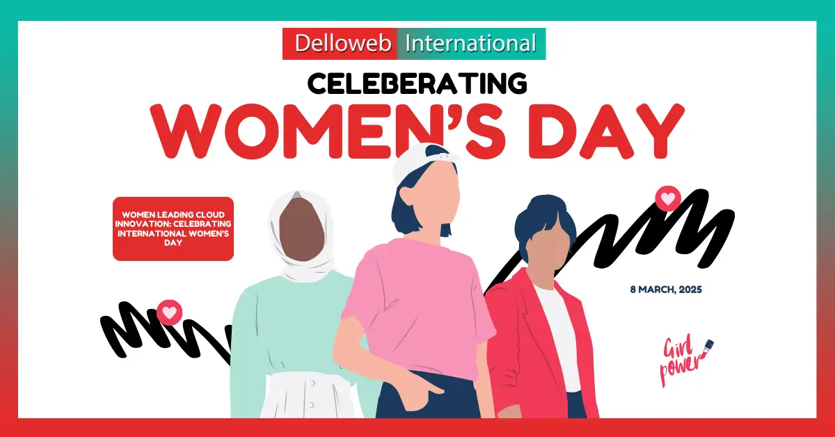 Three diverse women celebrate International Women’s Day, highlighting their leadership in cloud innovation. Text includes “Girl Power.”