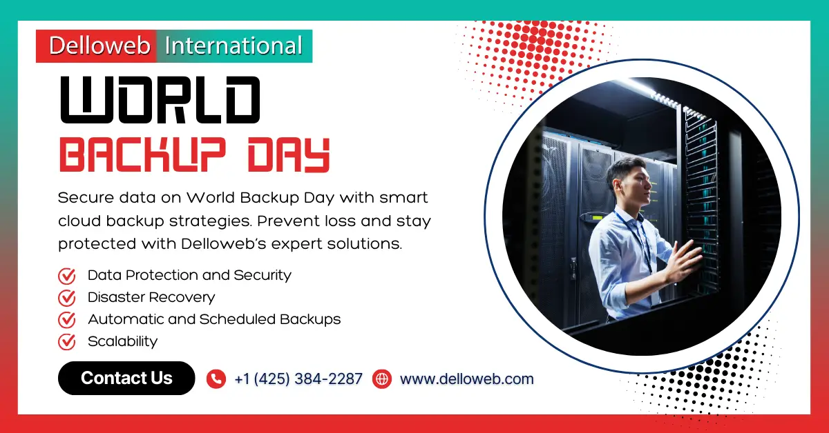 A professional examining technology in a server room, promoting data security on World Backup Day with Delloweb's services.