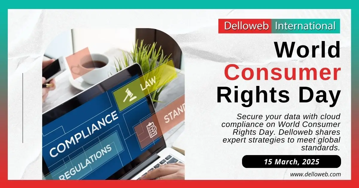 A laptop displaying "Compliance" and "Regulations" alongside a coffee cup, promoting World Consumer Rights Day on March 15, 2025.
