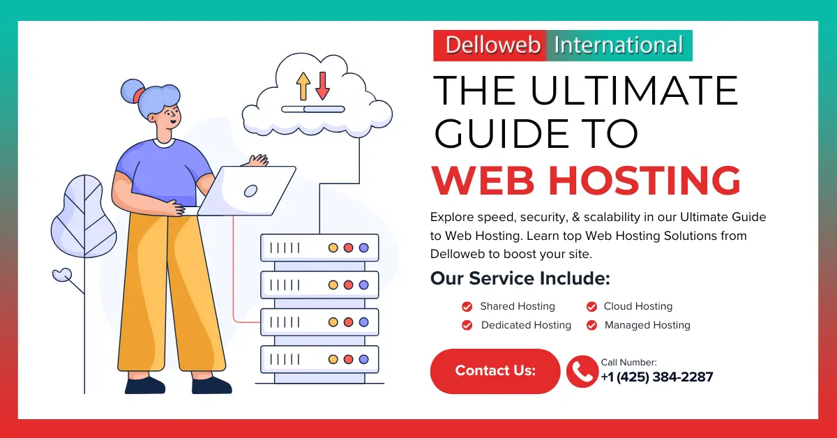 A person interacts with a laptop, surrounded by illustrations of servers and cloud symbols, promoting web hosting services.