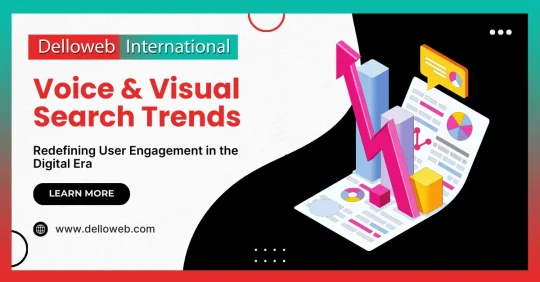 Colorful graphic showcasing "Voice & Visual Search Trends," highlighting user engagement with charts and data visualizations.