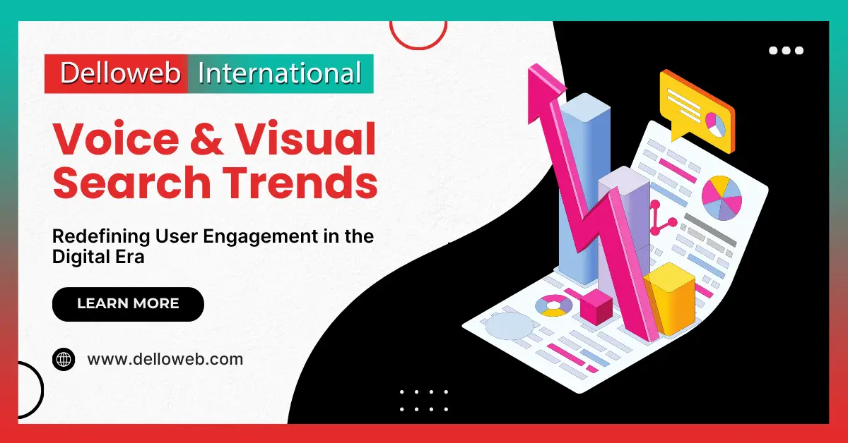 Colorful graphic showcasing "Voice & Visual Search Trends," highlighting user engagement with charts and data visualizations.