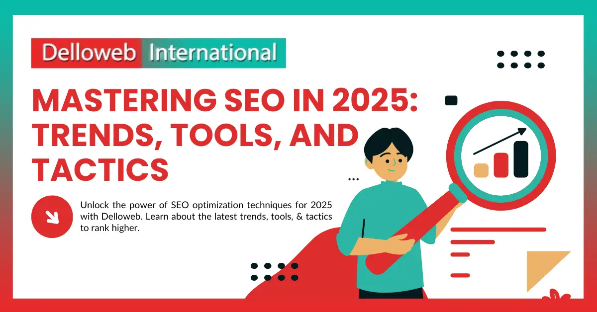 Graphic titled "Mastering SEO in 2025" highlights trends, tools, and tactics for effective SEO optimization with a cartoon character and charts.