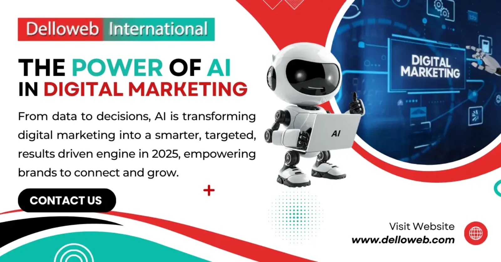 A cartoon robot holding a laptop with "AI" on the screen, surrounded by vibrant graphics and text about AI in digital marketing.