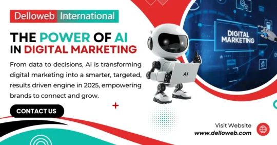 A cartoon robot holding a laptop with "AI" on the screen, surrounded by vibrant graphics and text about AI in digital marketing.
