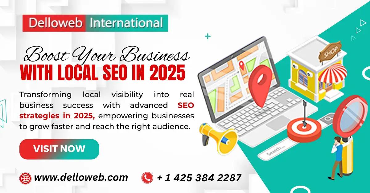 Graphic promoting local SEO services for business growth in 2025, featuring a laptop with maps and icons of shops and targets.