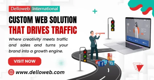 A business-themed digital ad for Delloweb promoting Custom Web Solutions, featuring a man with a telescope, traffic lights, social media icons, and a laptop guiding the journey on a winding road.