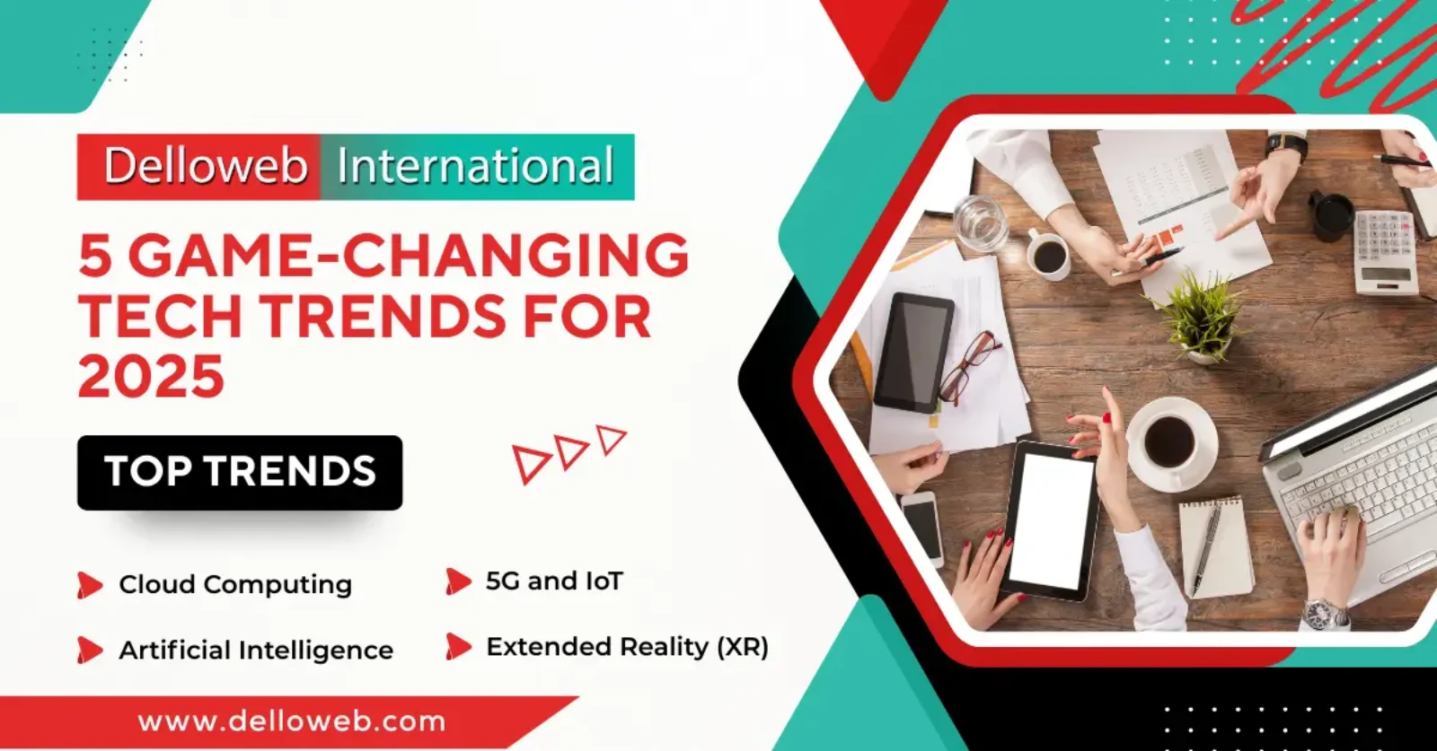 Delloweb graphic listing five tech trends for 2025: Cloud Computing, AI, 5G and IoT, and Extended Reality, with a workspace background.