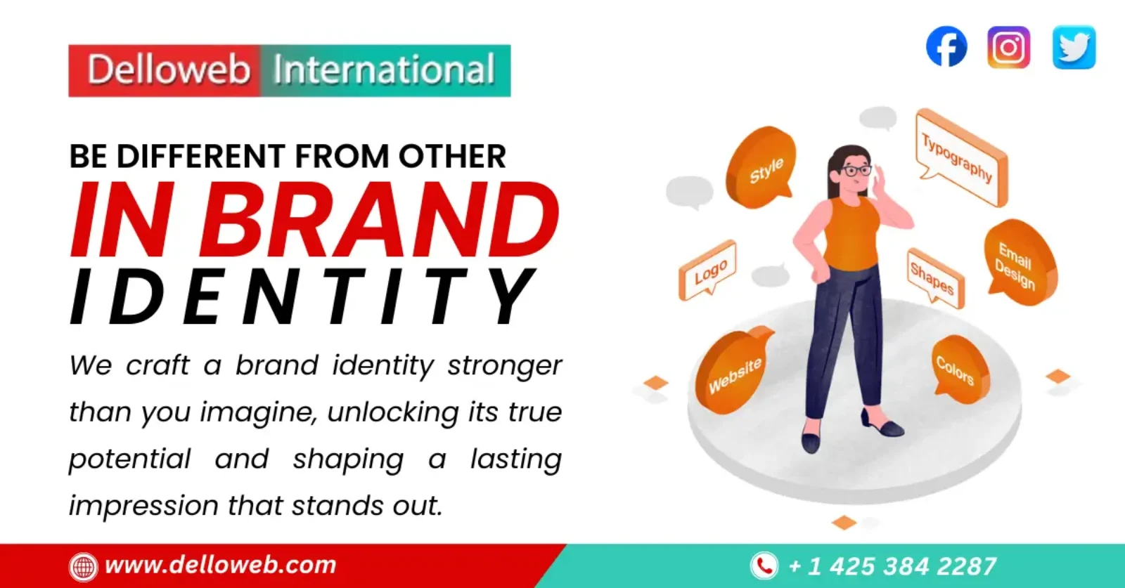 An illustration promoting brand identity services, highlighting logos, typography, and design elements with engaging speech bubbles.