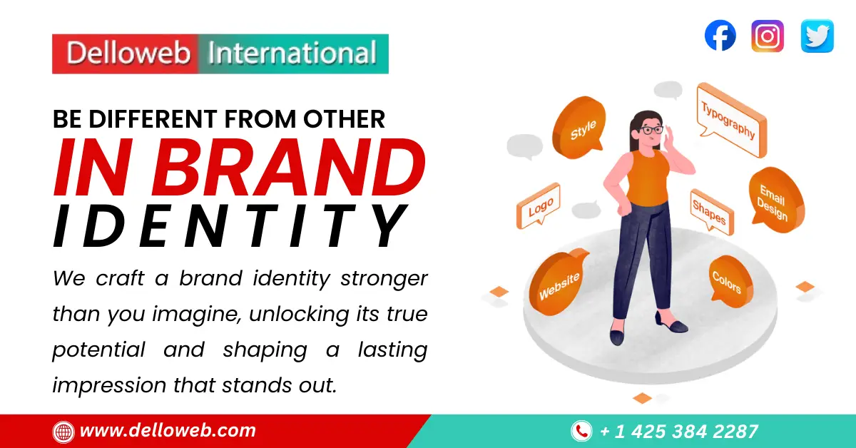 An illustration promoting brand identity services, highlighting logos, typography, and design elements with engaging speech bubbles.