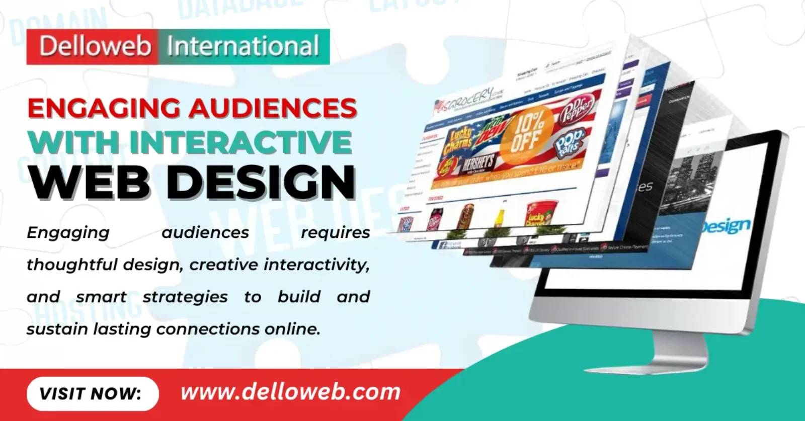 A computer screen showcasing interactive web design, with colorful product images and the text promoting audience engagement strategies.