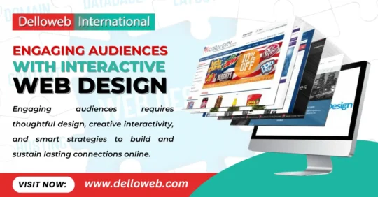 A computer screen showcasing interactive web design, with colorful product images and the text promoting audience engagement strategies.