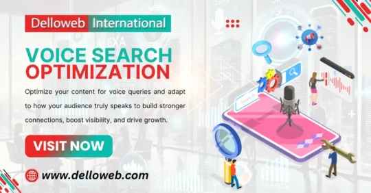 Graphic promoting "Voice Search Optimization" with illustrations of search tools and characters engaging with technology. Visit Delloweb.com.
