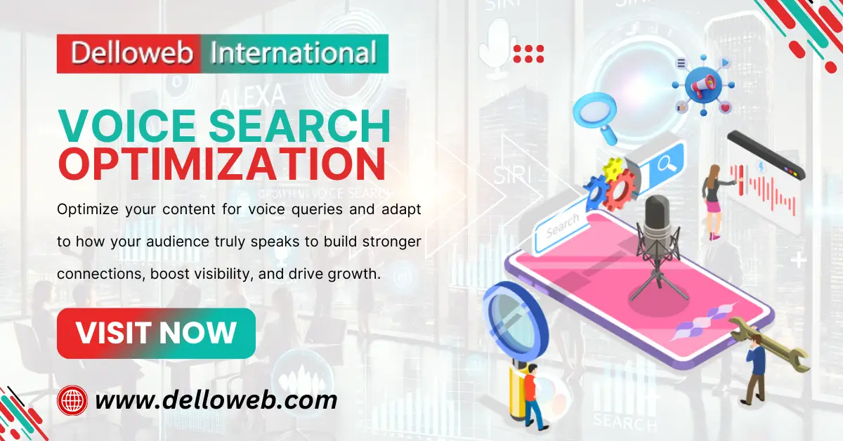 Graphic promoting "Voice Search Optimization" with illustrations of search tools and characters engaging with technology. Visit Delloweb.com.