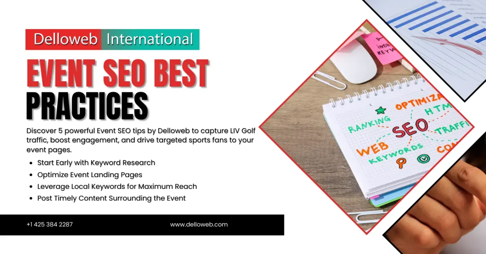 Graphic promoting "Event SEO Best Practices" by Delloweb, featuring tips on keyword research, landing pages, and local keywords.