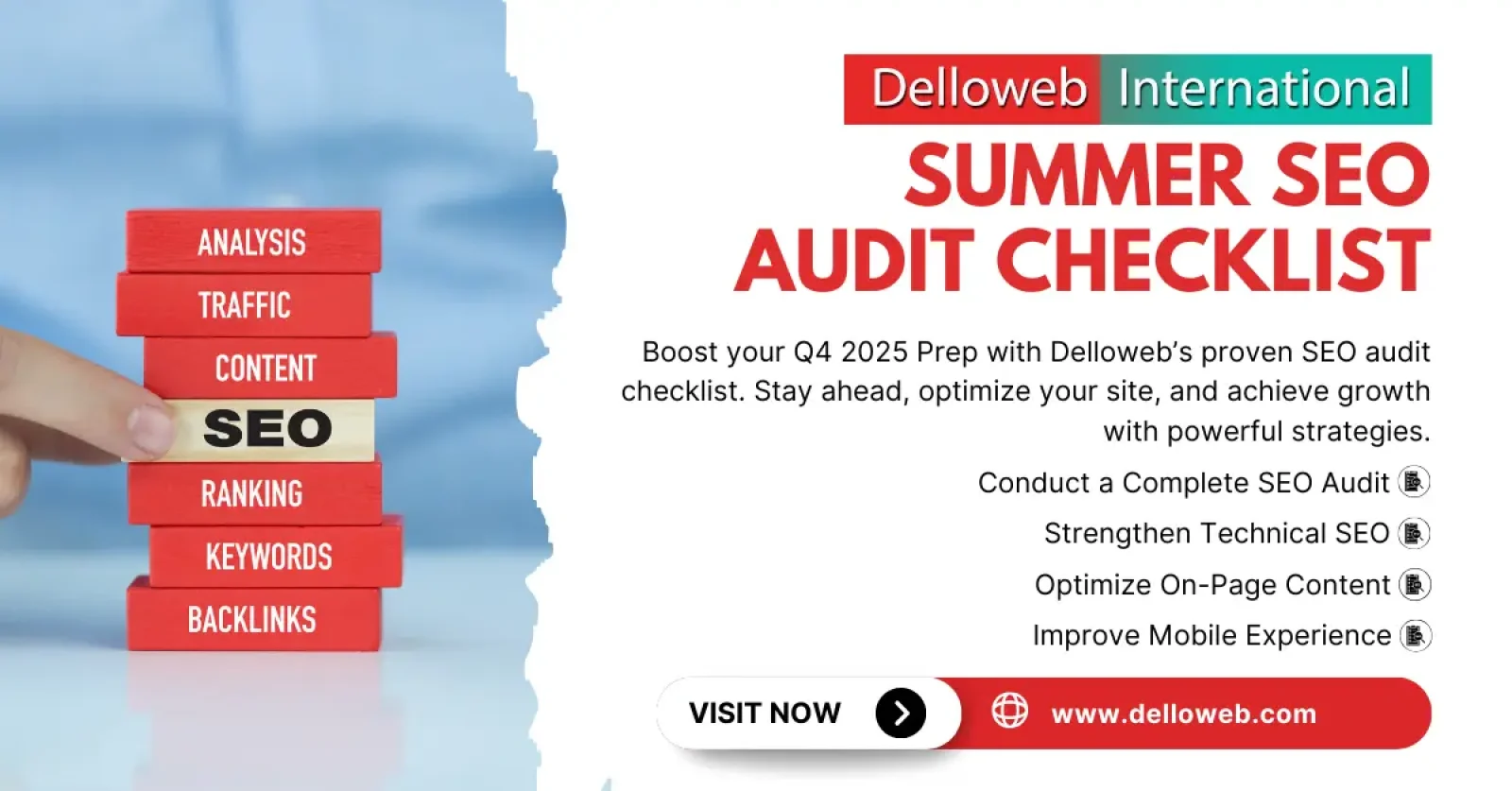 A hand reaches for a block labeled "SEO" in a stacked red block tower, promoting Delloweb's Summer SEO Audit Checklist.