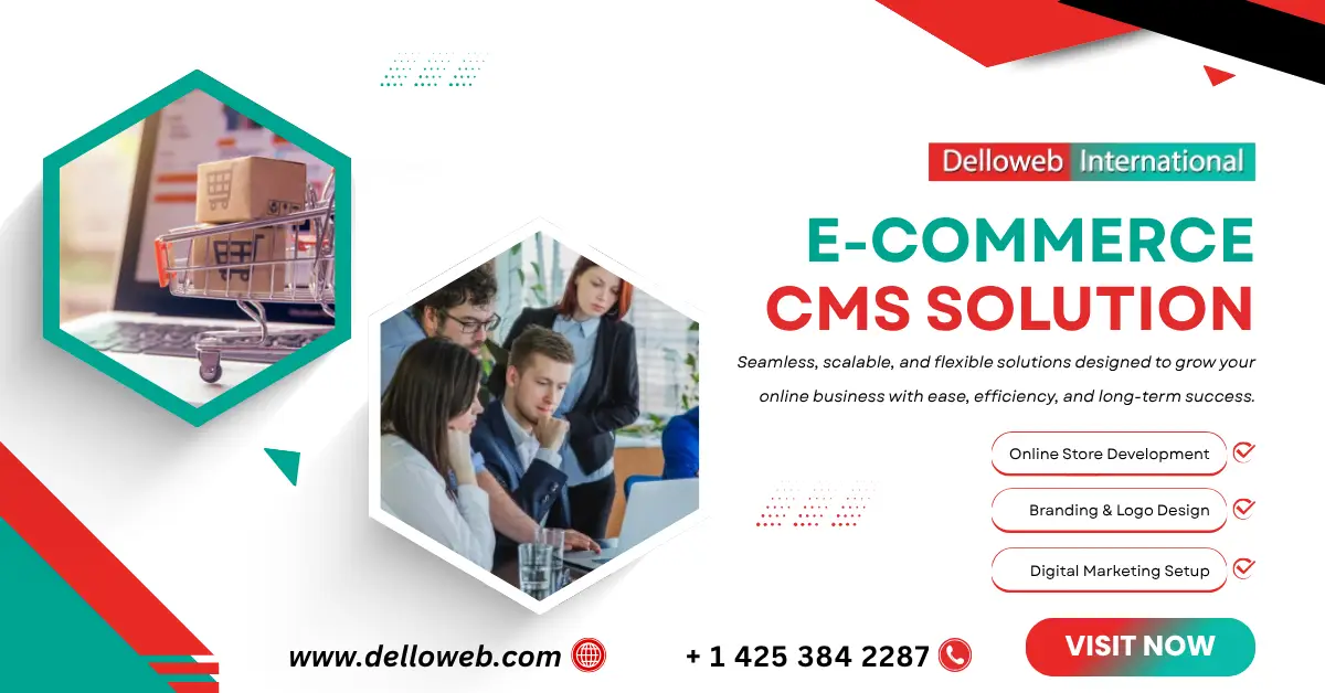 An e-commerce CMS solution advertisement featuring a shopping cart, a computer screen, and a team collaborating in an office setting.