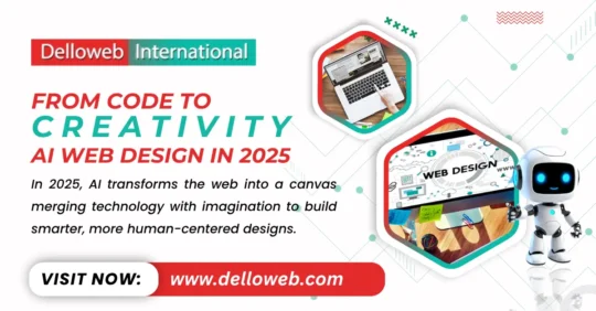 Text promotes Delloweb International's AI web design vision for 2025, showcasing creativity through technology and human-centered design.