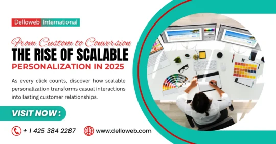 A person works at a desk with multiple screens, exploring scalable personalization strategies for improving customer relationships.