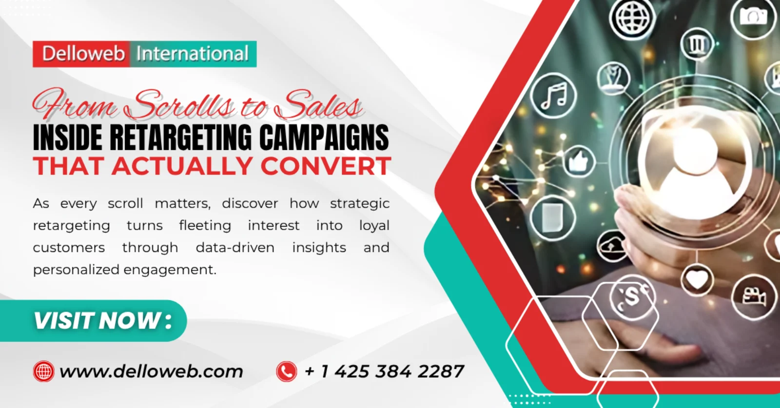 Promotional banner for Delloweb International, highlighting retargeting campaigns that convert with a call to action to visit their website.