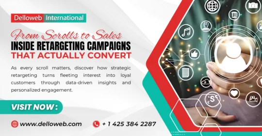 Promotional banner for Delloweb International, highlighting retargeting campaigns that convert with a call to action to visit their website.