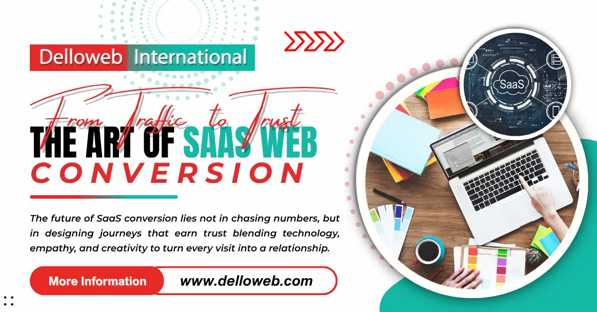 A workspace featuring a laptop, colorful notes, and a coffee cup, promoting Delloweb's approach to SaaS web conversion strategies.