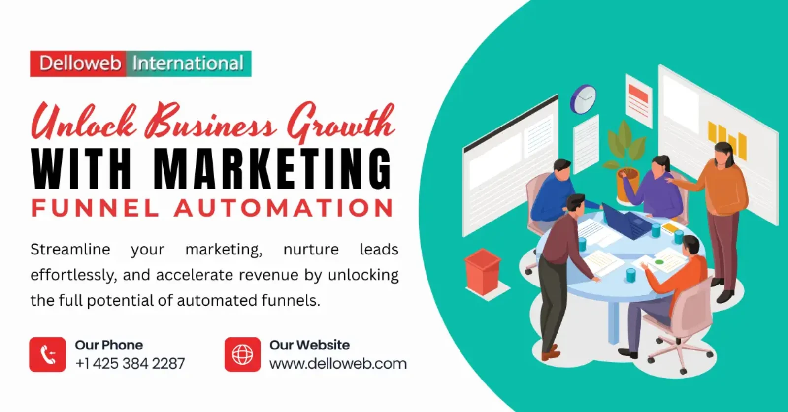 Illustration promoting Delloweb International's marketing automation services, featuring a group discussing strategies around a table.